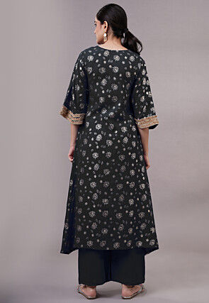 Foil Printed Rayon Pakistani Suit in Black