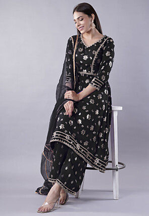 Foil Printed Rayon Pakistani Suit in Black