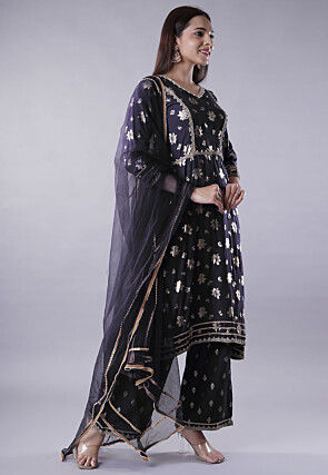 Foil Printed Rayon Pakistani Suit in Black