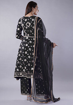 Foil Printed Rayon Pakistani Suit in Black