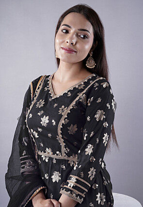 Foil Printed Rayon Pakistani Suit in Black