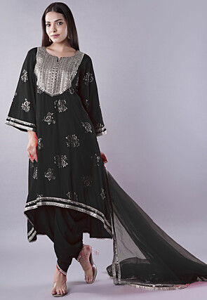 Foil Printed Rayon Pakistani Suit in Black