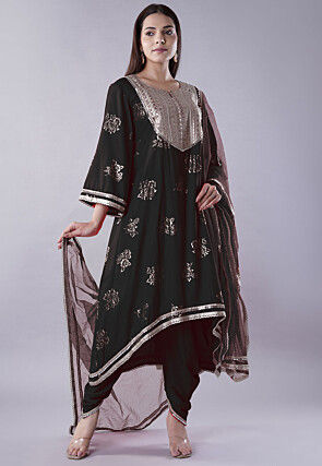 Foil Printed Rayon Pakistani Suit in Black