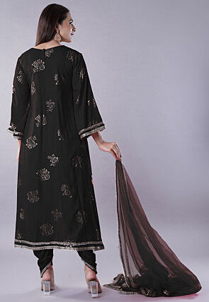 Foil Printed Rayon Pakistani Suit in Black