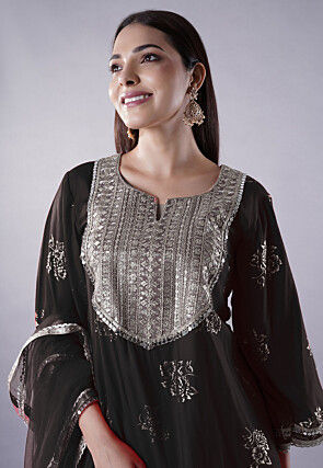 Foil Printed Rayon Pakistani Suit in Black