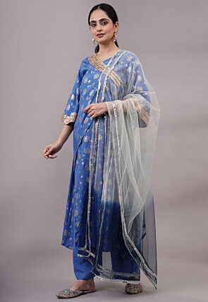 Foil Printed Rayon Pakistani Suit in Blue
