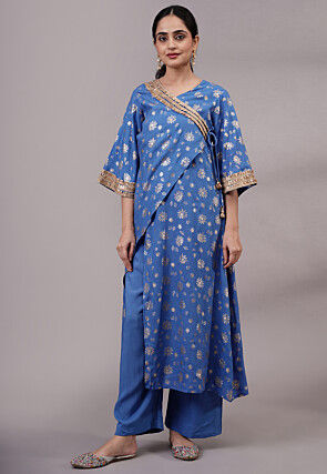 Foil Printed Rayon Pakistani Suit in Blue
