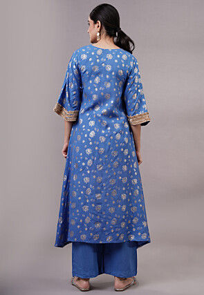 Foil Printed Rayon Pakistani Suit in Blue
