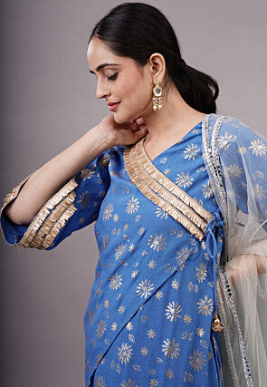 Foil Printed Rayon Pakistani Suit in Blue