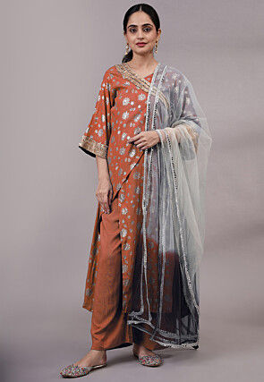 Foil Printed Rayon Pakistani Suit in Dark Orange