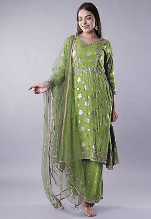 Foil Printed Rayon Pakistani Suit in Green