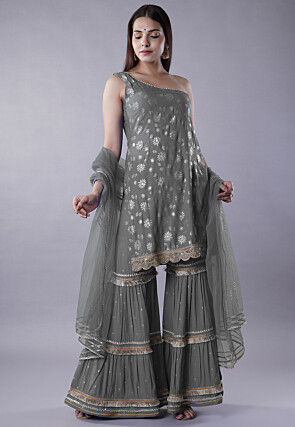 Foil Printed Rayon Pakistani Suit in Grey