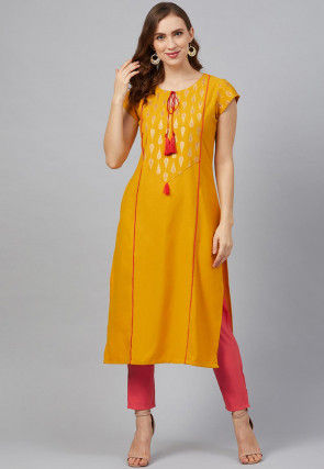 Foil Printed Rayon Pakistani Suit in Mustard