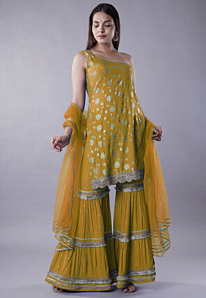 Foil Printed Rayon Pakistani Suit in Mustard