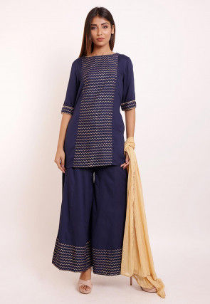 Foil Printed Rayon Pakistani Suit in Navy Blue
