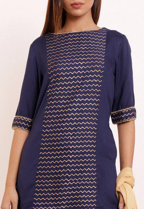Foil Printed Rayon Pakistani Suit in Navy Blue