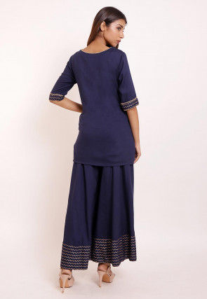 Foil Printed Rayon Pakistani Suit in Navy Blue