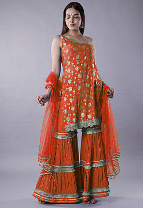 Foil Printed Rayon Pakistani Suit in Orange