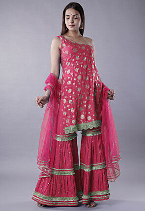Foil Printed Rayon Pakistani Suit in Pink
