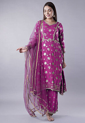 Foil Printed Rayon Pakistani Suit in Purple