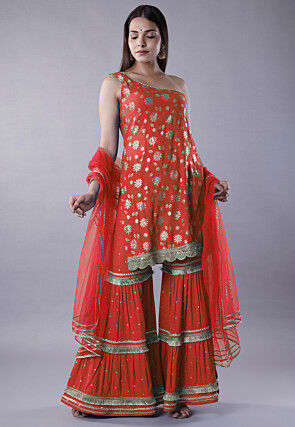 Foil Printed Rayon Pakistani Suit in Red