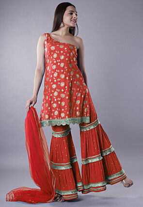 Foil Printed Rayon Pakistani Suit in Red