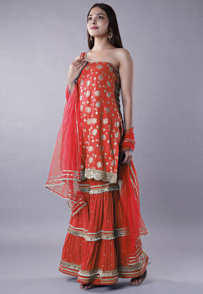 Foil Printed Rayon Pakistani Suit in Red