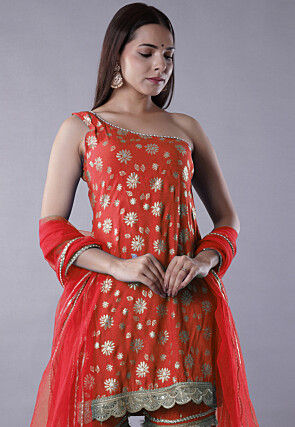 Foil Printed Rayon Pakistani Suit in Red