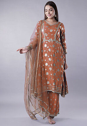 Foil Printed Rayon Pakistani Suit in Rust Orange