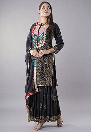 Foil Printed Rayon Pakistani Suit in Black