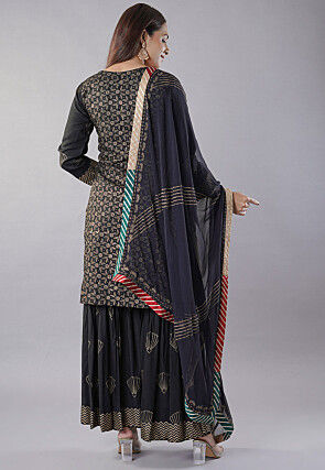 Foil Printed Rayon Pakistani Suit in Black