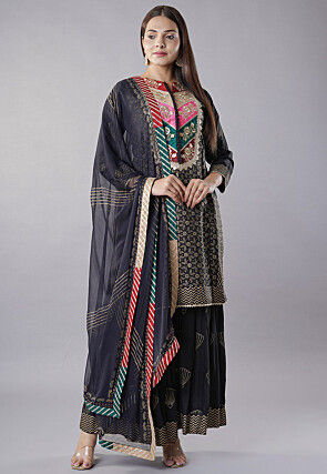 Foil Printed Rayon Pakistani Suit in Black