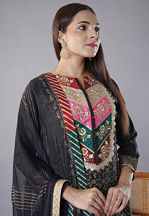 Foil Printed Rayon Pakistani Suit in Black