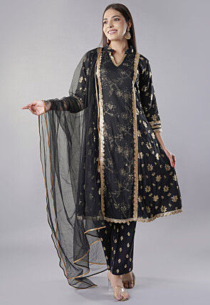 Foil Printed Rayon Pakistani  Suit in Black