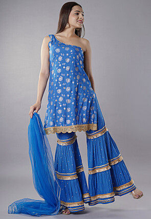 Foil Printed Rayon Pakistani  Suit in Blue