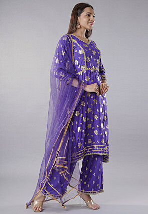 Foil Printed Rayon Pakistani  Suit in  Purple