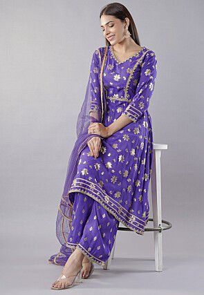 Foil Printed Rayon Pakistani  Suit in  Purple