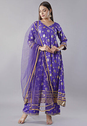 Foil Printed Rayon Pakistani  Suit in Purple