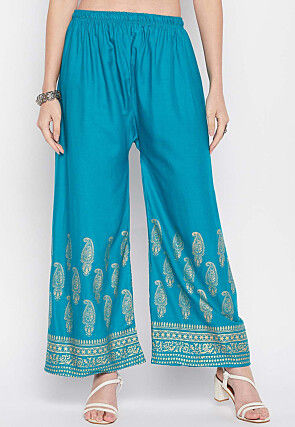 Plus Size Cotton Printed Palazzo Pants with Pocket, Blue