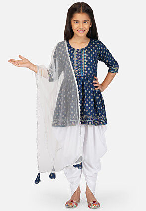 Foil Printed Rayon Punjabi Suit in Blue