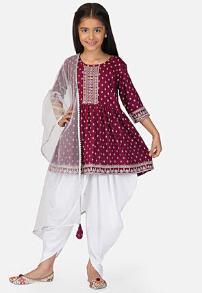 Foil Printed Rayon Punjabi Suit in Maroon