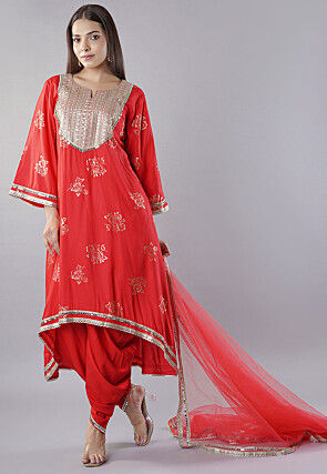 Foil Printed Rayon Punjabi Suit in Red
