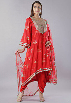 Foil Printed Rayon Punjabi Suit in Red