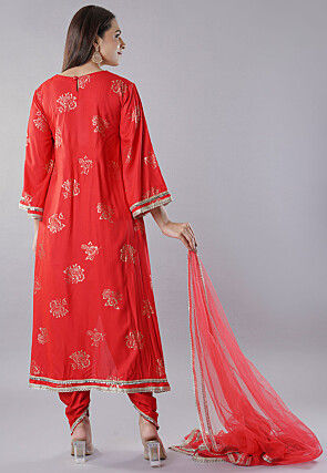 Foil Printed Rayon Punjabi Suit in Red
