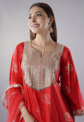 Foil Printed Rayon Punjabi Suit in Red