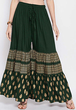 Foil Printed Rayon Sharara in Dark Green