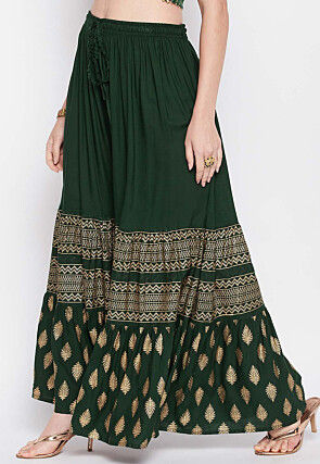 Foil Printed Rayon Sharara in Dark Green