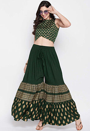 Foil Printed Rayon Sharara in Dark Green