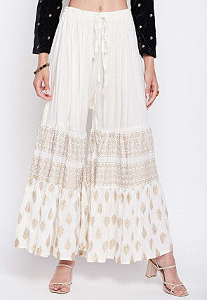 Foil Printed Rayon Sharara in Off White
