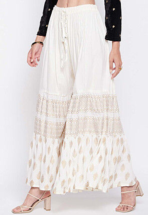 Foil Printed Rayon Sharara in Off White
